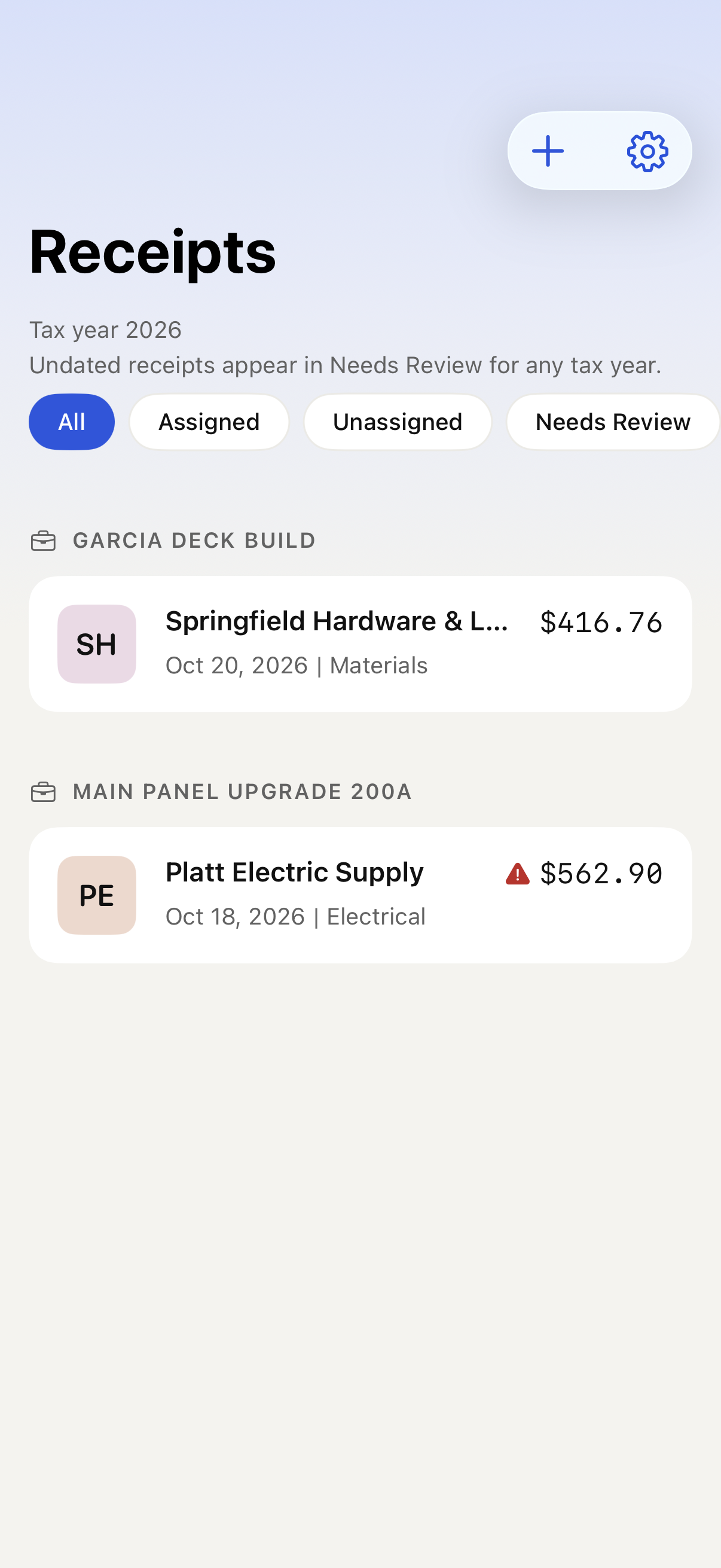 JobLedger Pro receipts screen, with receipts grouped by job and review filters