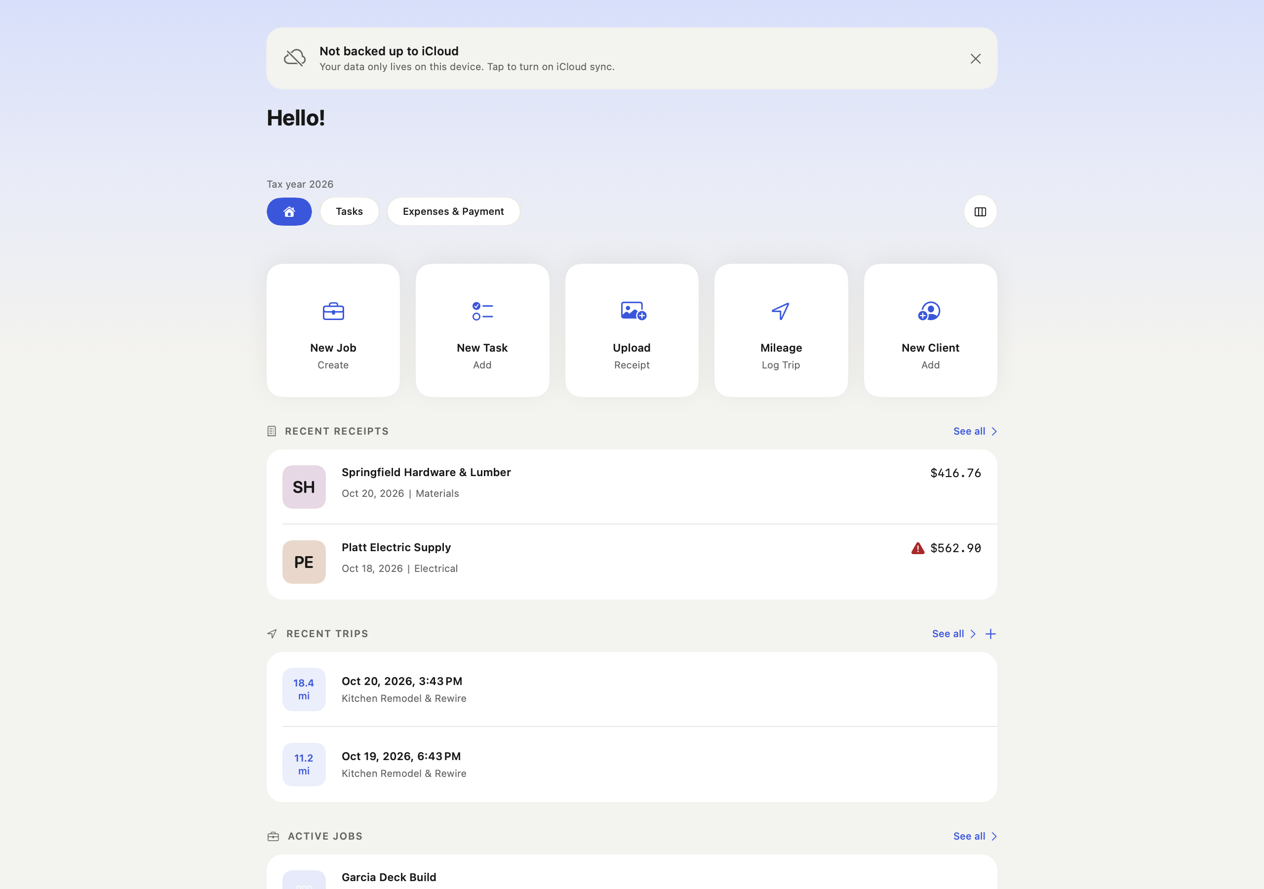 Mac Dashboard Home and recent records with sample data