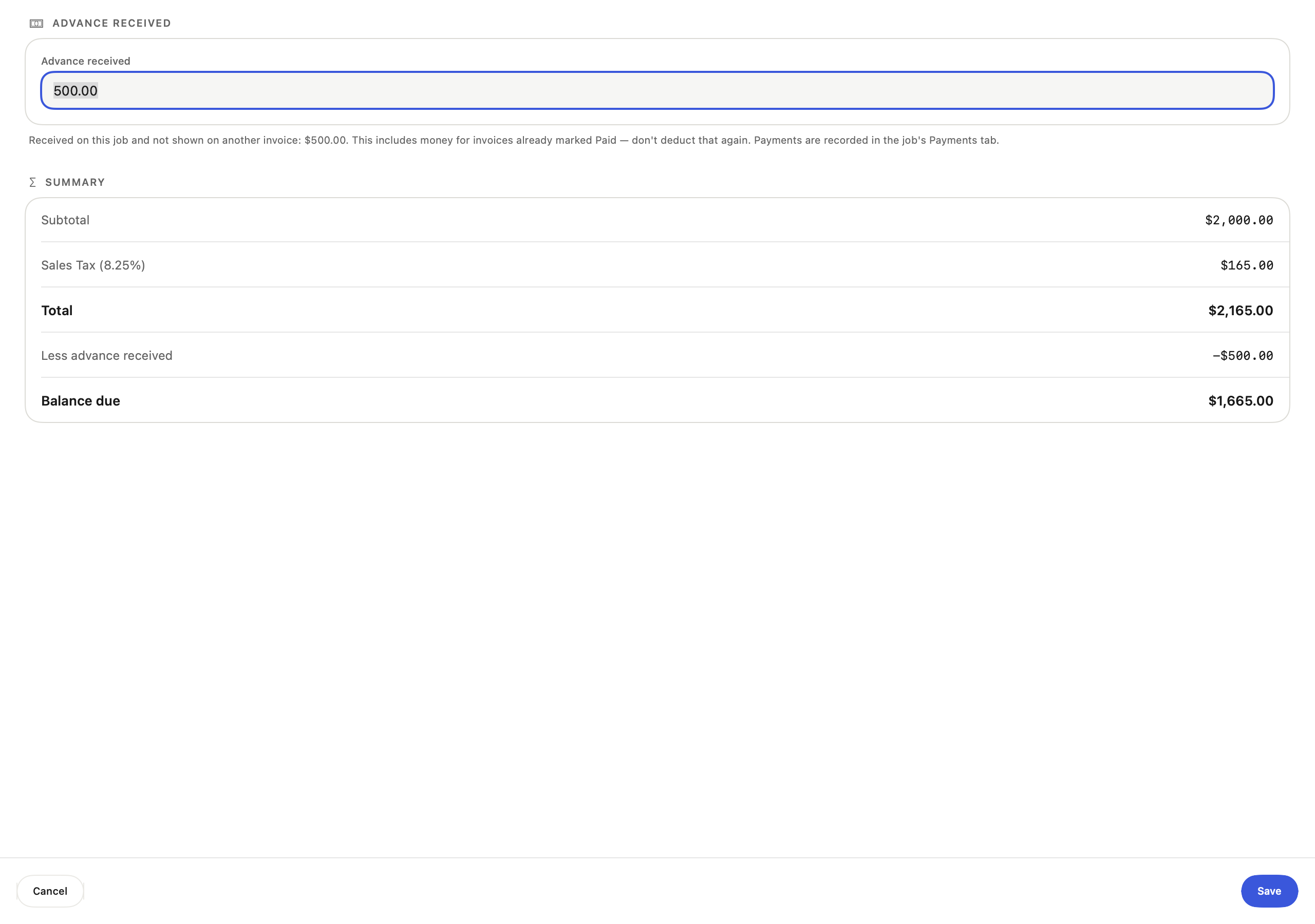 Mac Advance Received editor with sample data