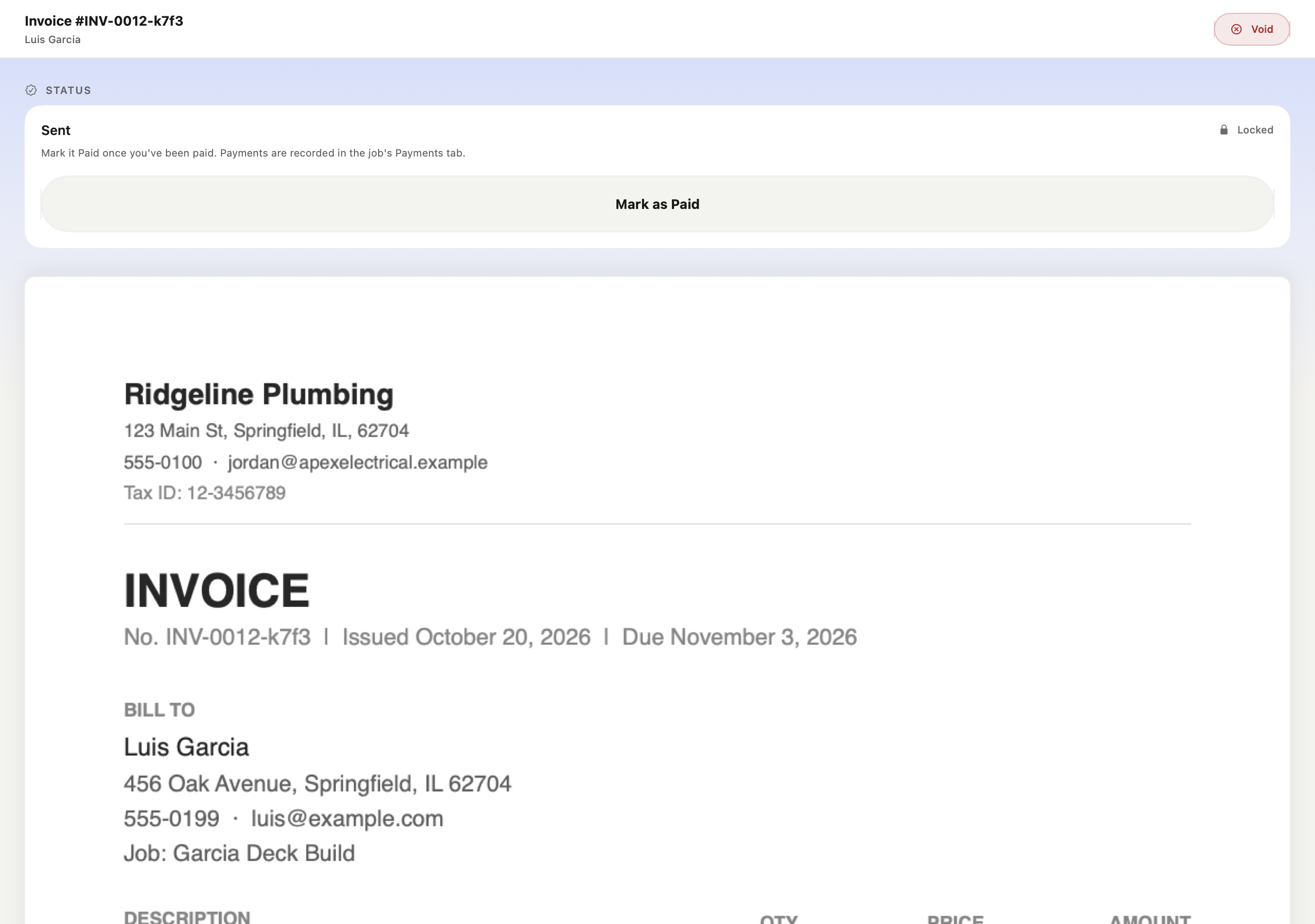 Mac sent invoice and Mark as Paid action with sample data