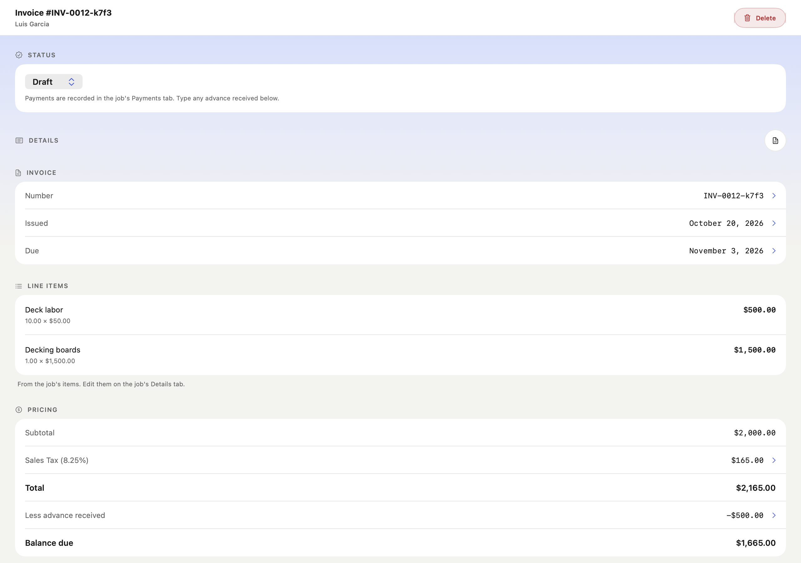 Mac draft invoice with items, tax and advance with sample data