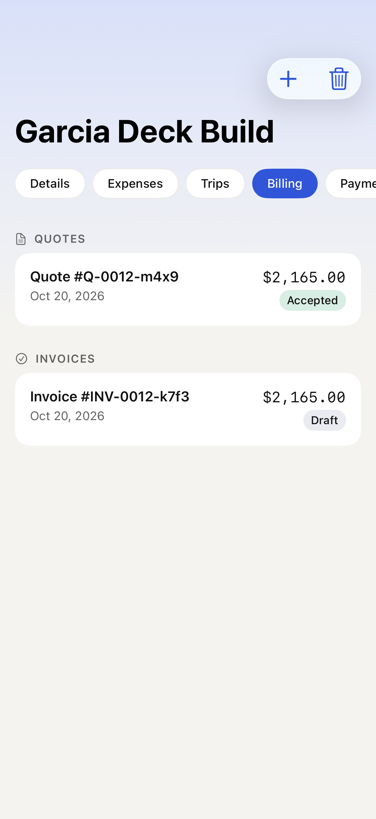 iPhone job Billing with quotes and invoices with sample data
