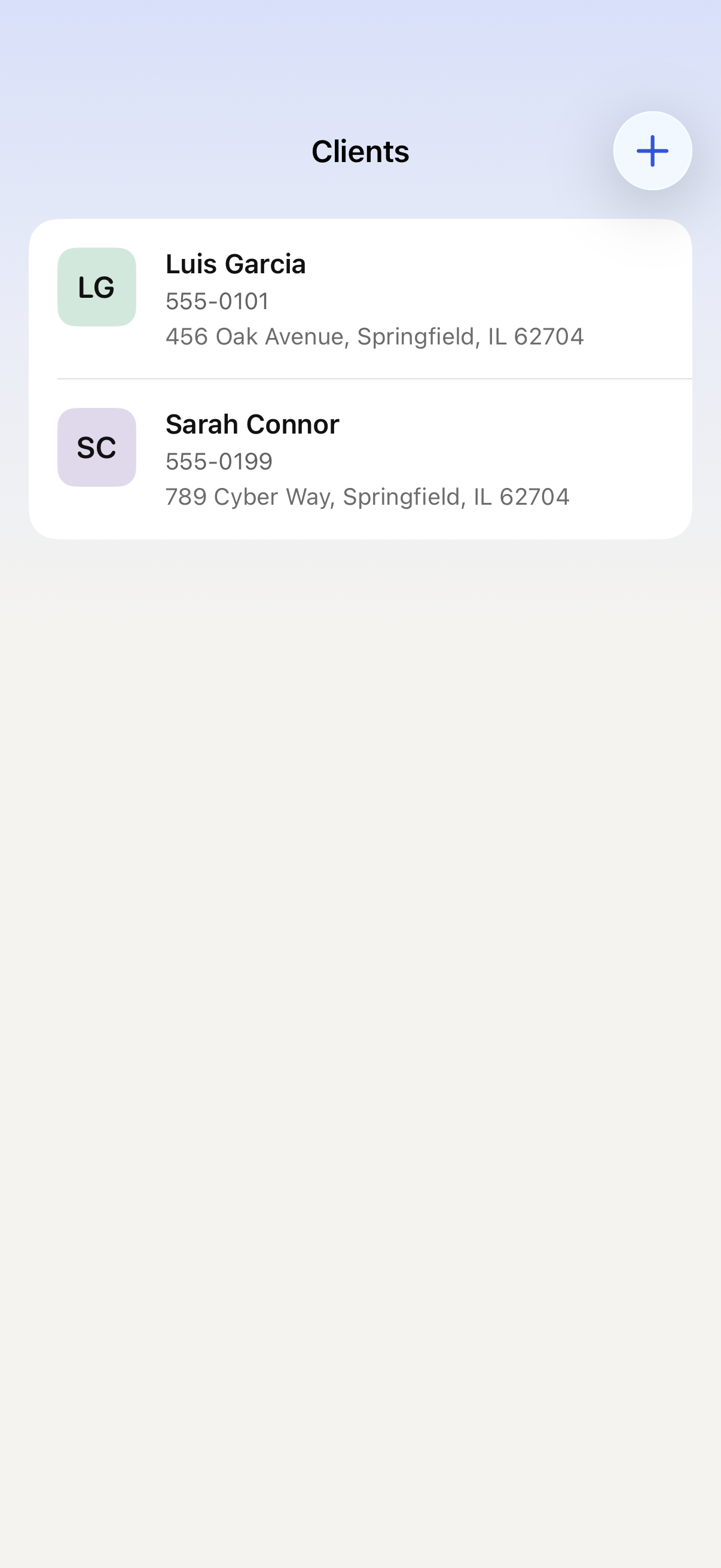 iPhone Clients list with sample data