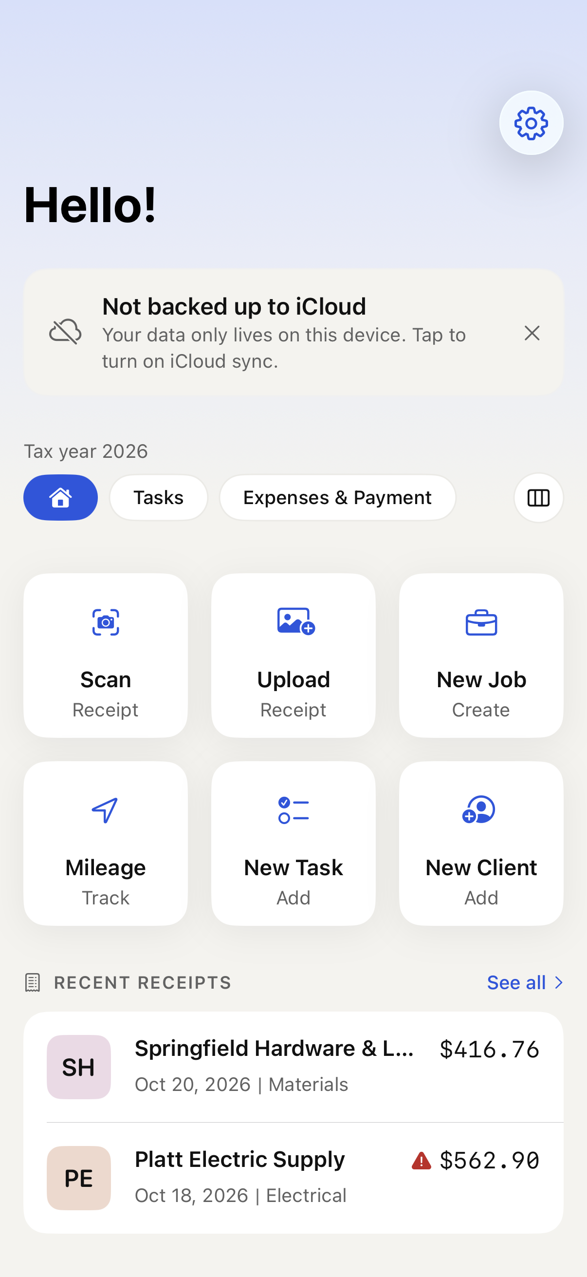 iPhone Dashboard Home and recent records with sample data