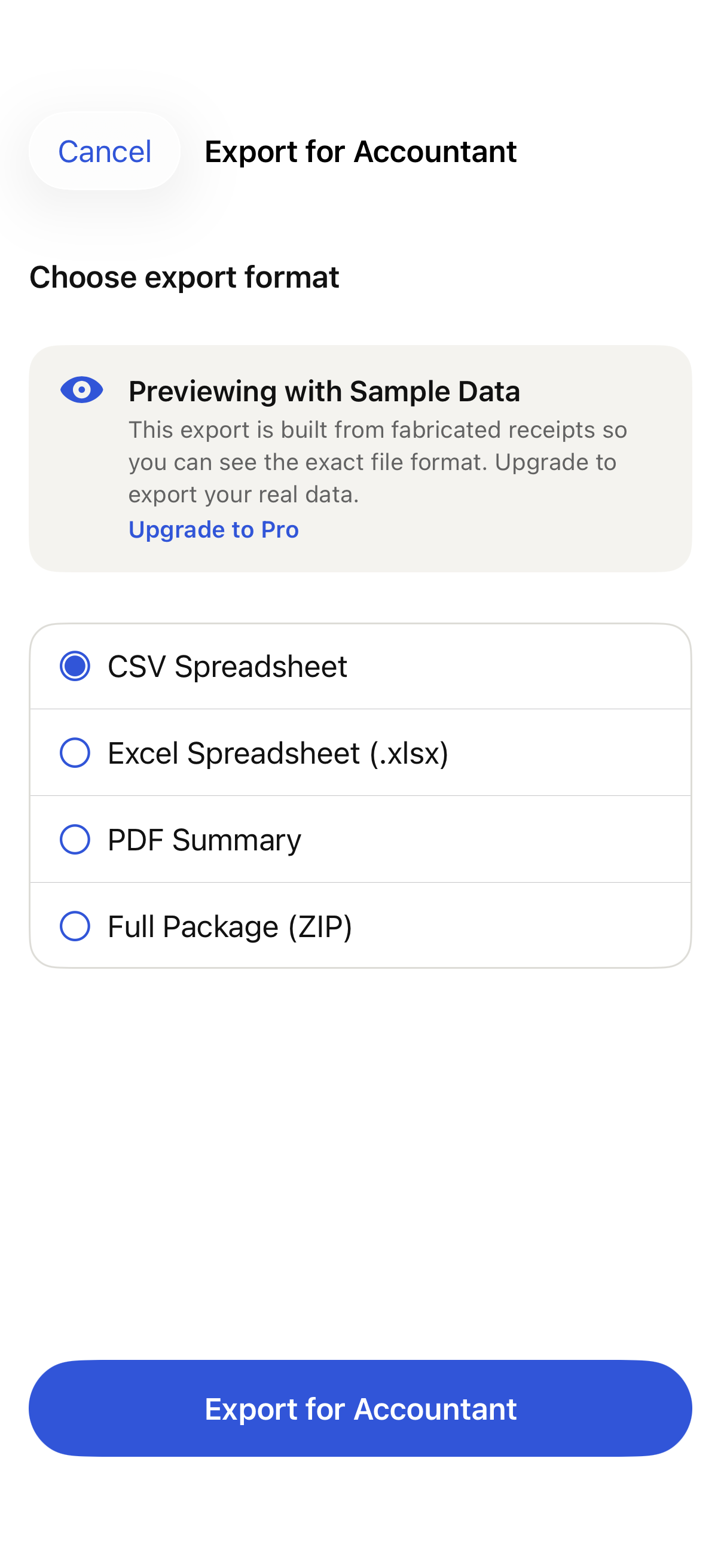 iPhone export format chooser with sample data