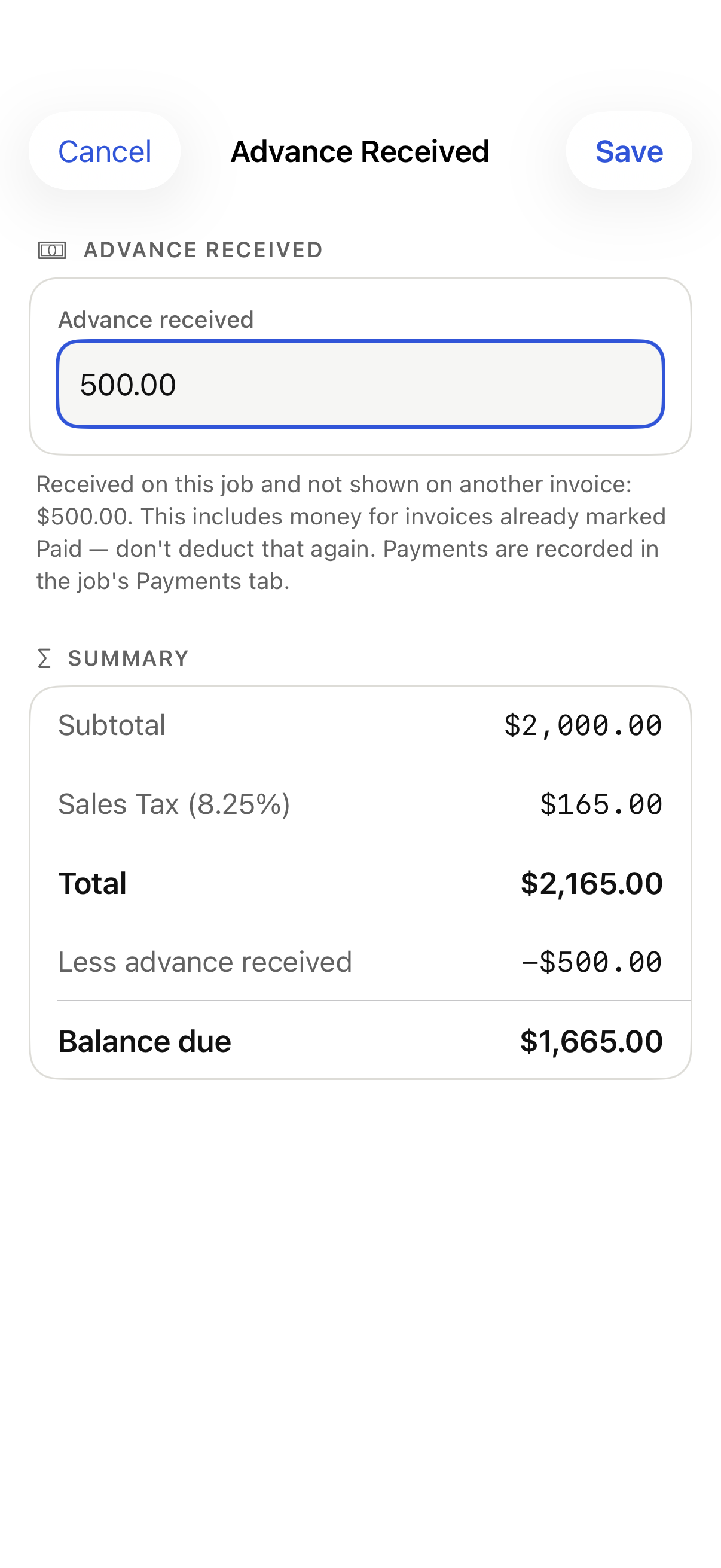 iPhone Advance Received editor with sample data
