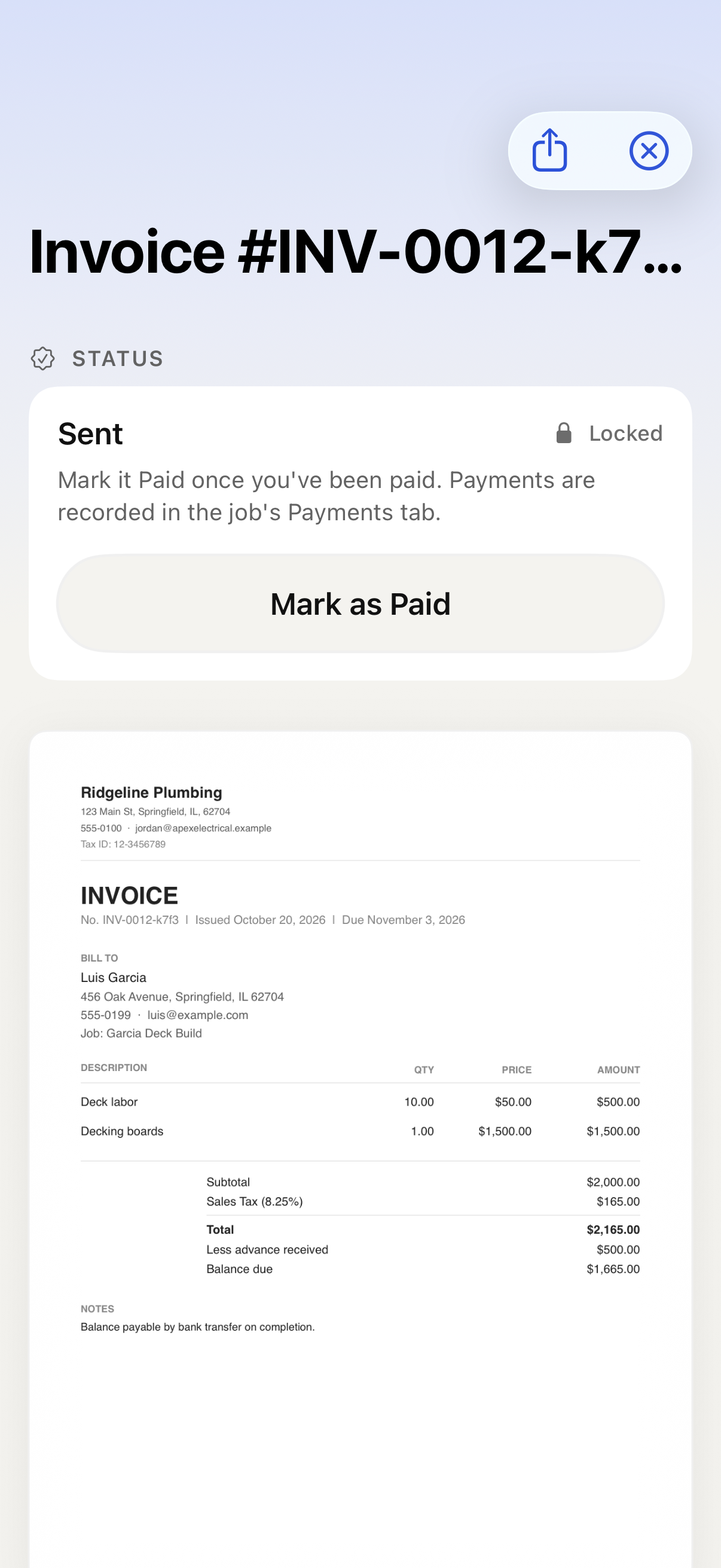 iPhone sent invoice and Mark as Paid action with sample data