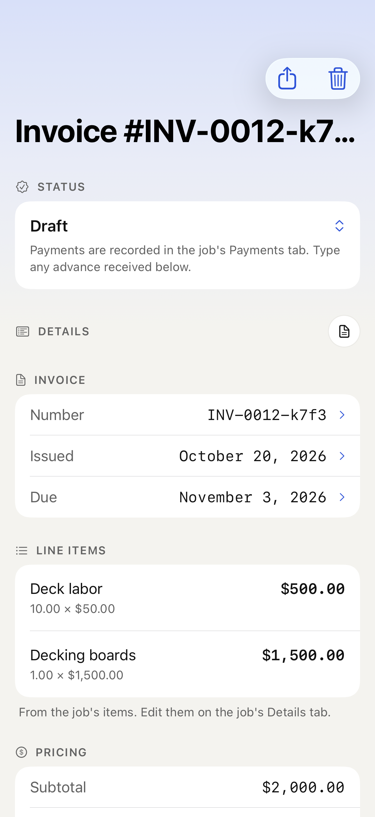 iPhone draft invoice with items, tax and advance with sample data