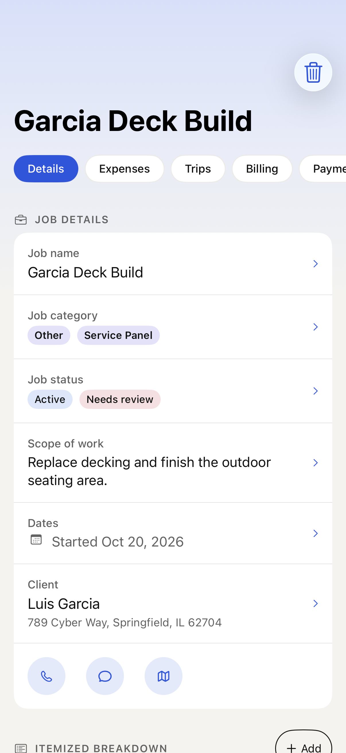 iPhone job Details and Itemized Breakdown with sample data