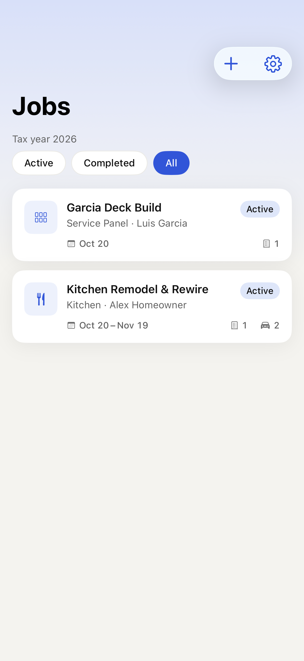 iPhone Jobs list and status filters with sample data
