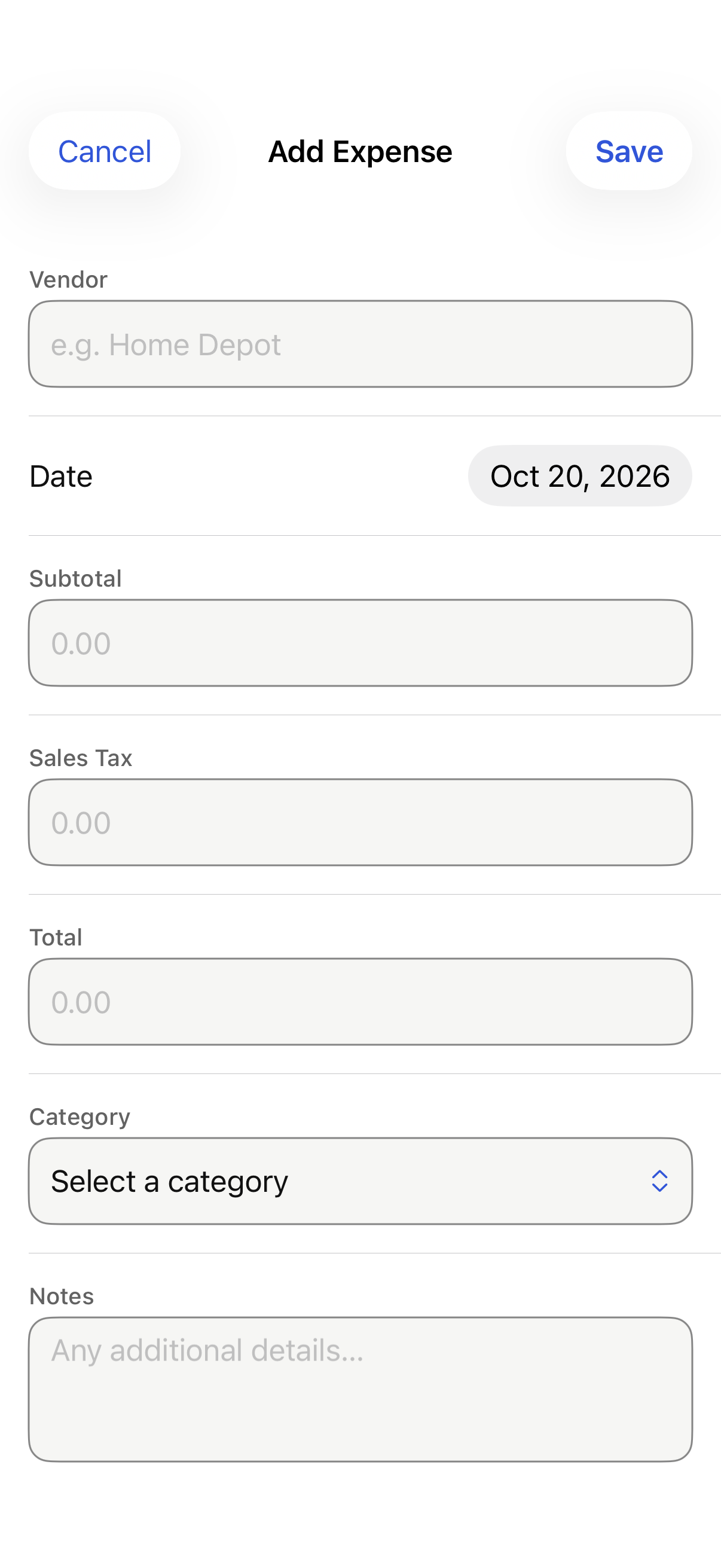 iPhone Add Expense form with sample data