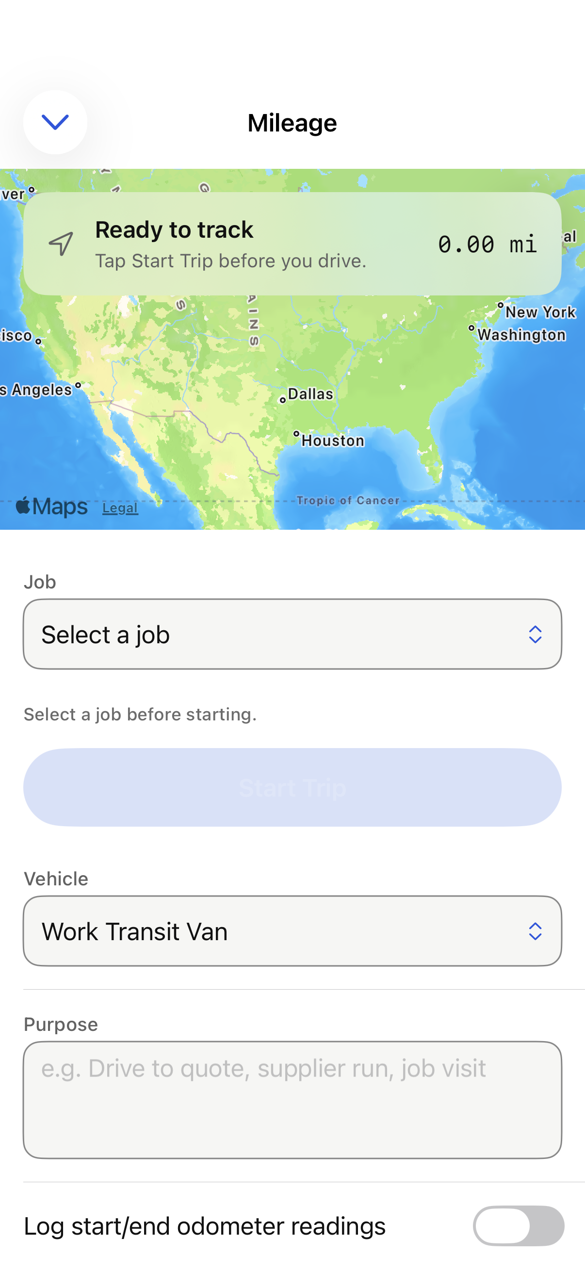 iPhone trip setup before recording with sample data