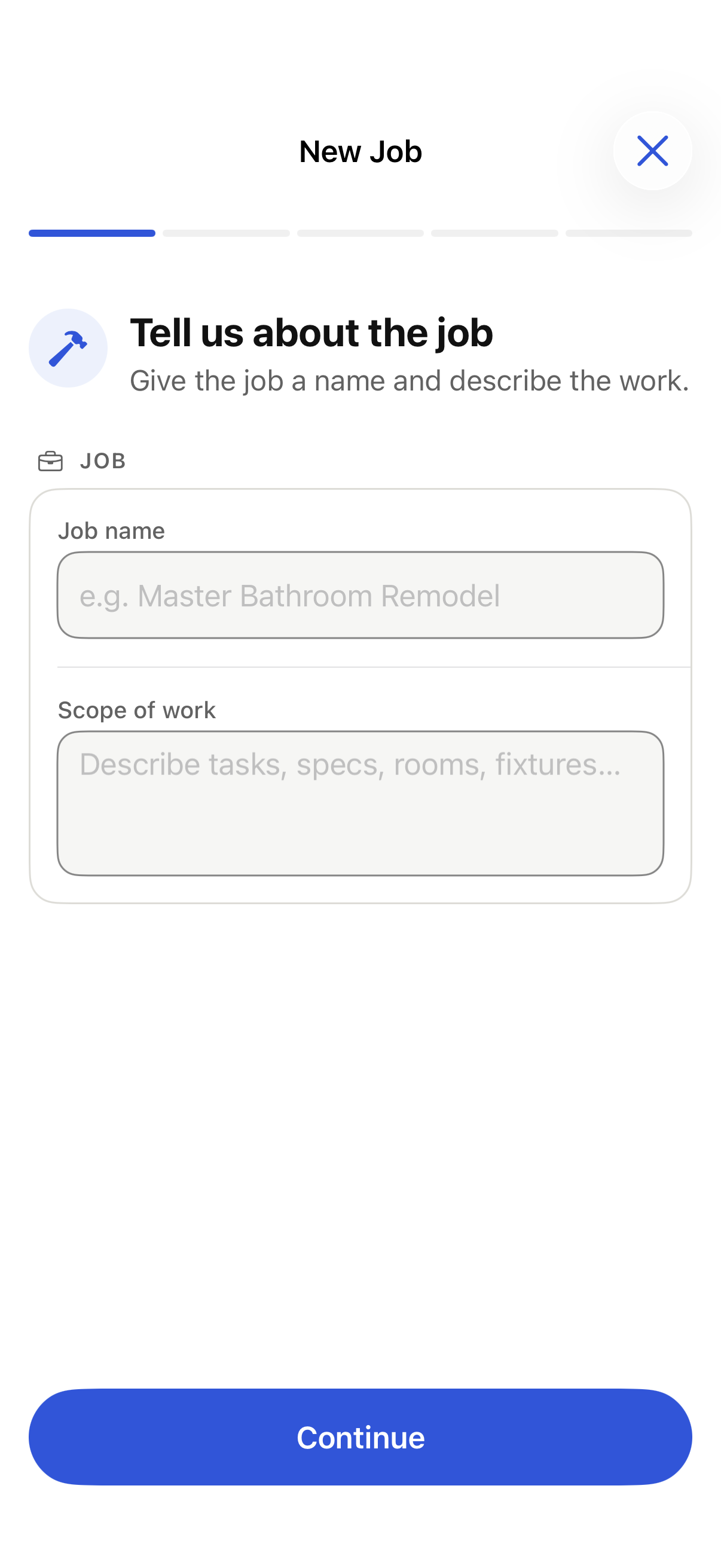 iPhone New Job guided form with sample data