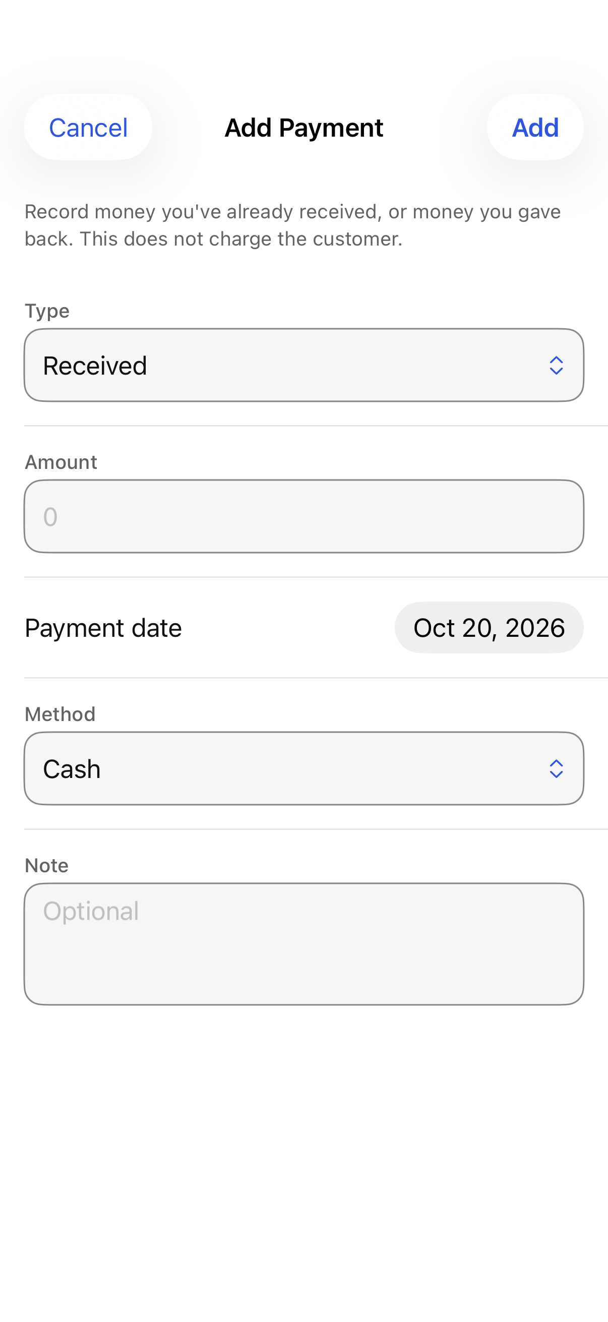 iPhone Add Payment with Type, Amount, Payment date, Method and Note with sample data
