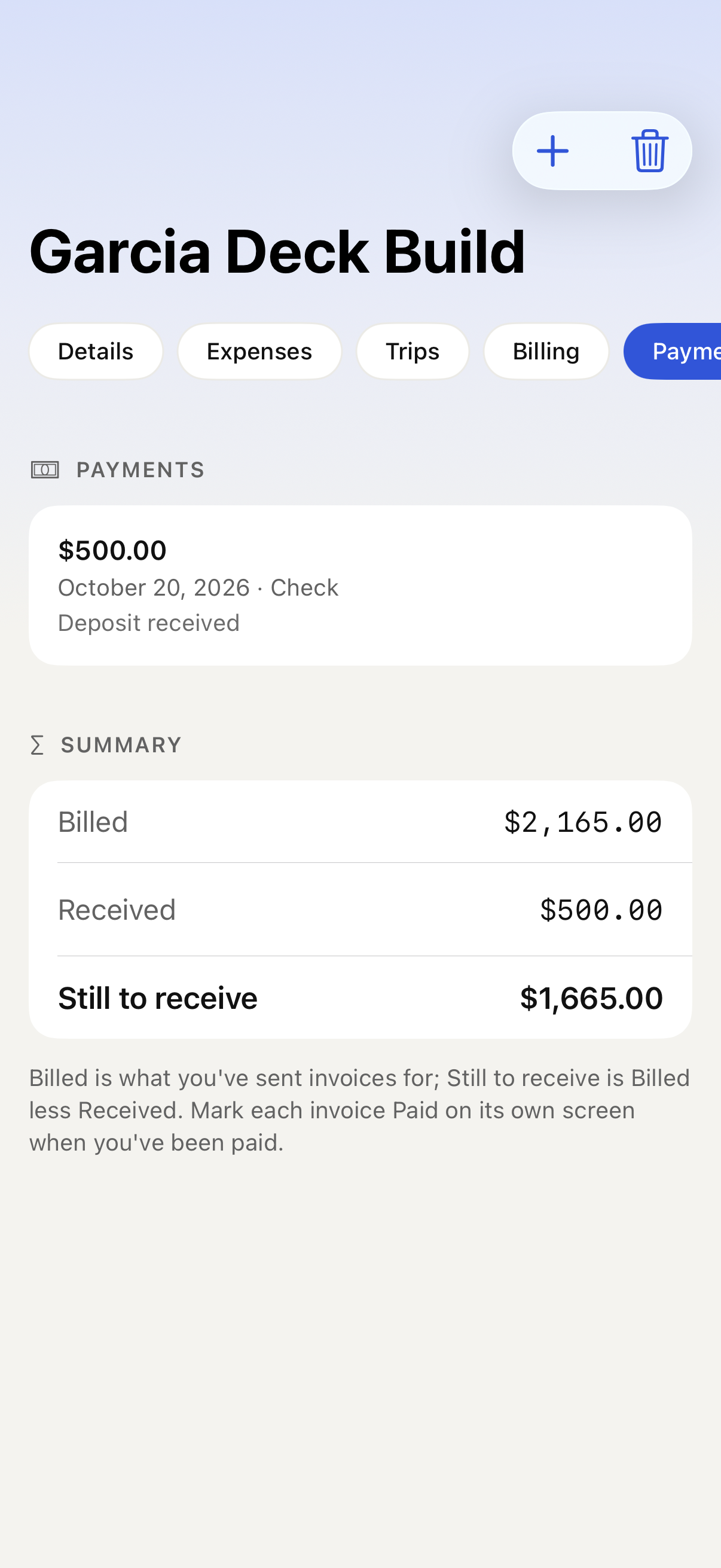 iPhone job Payments with Billed, Received and Still to receive with sample data