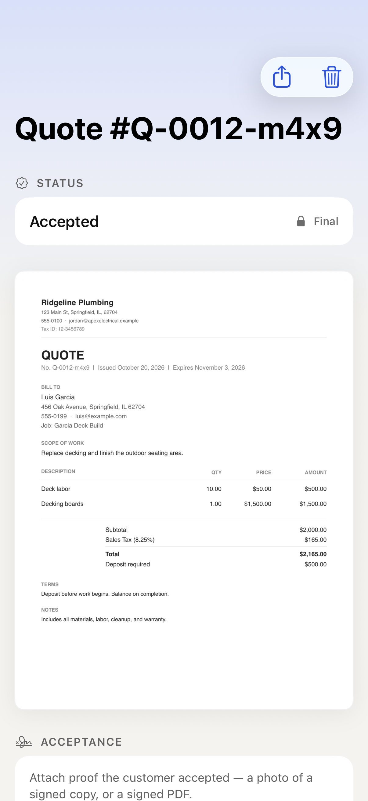 iPhone accepted quote and its fixed document with sample data