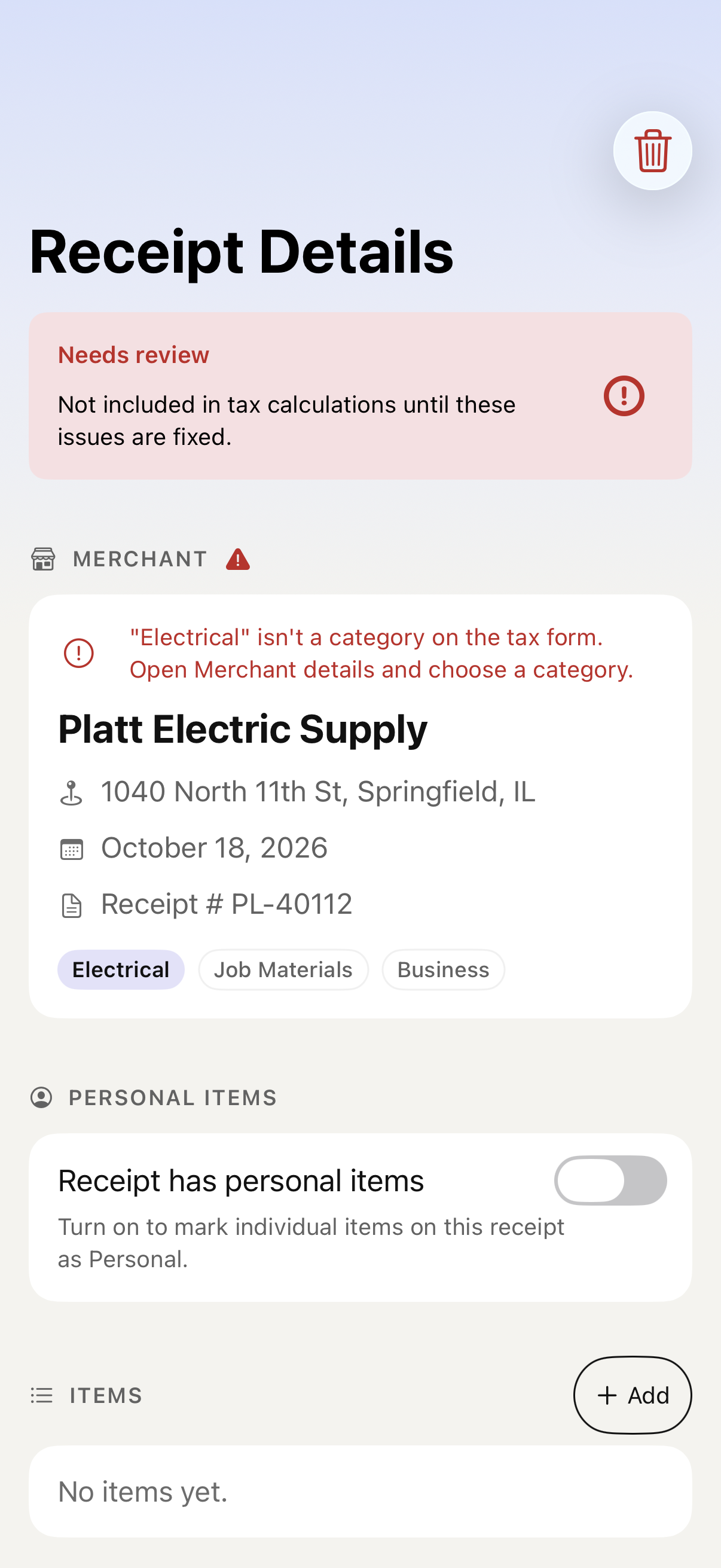 iPhone receipt details and editable cost information with sample data