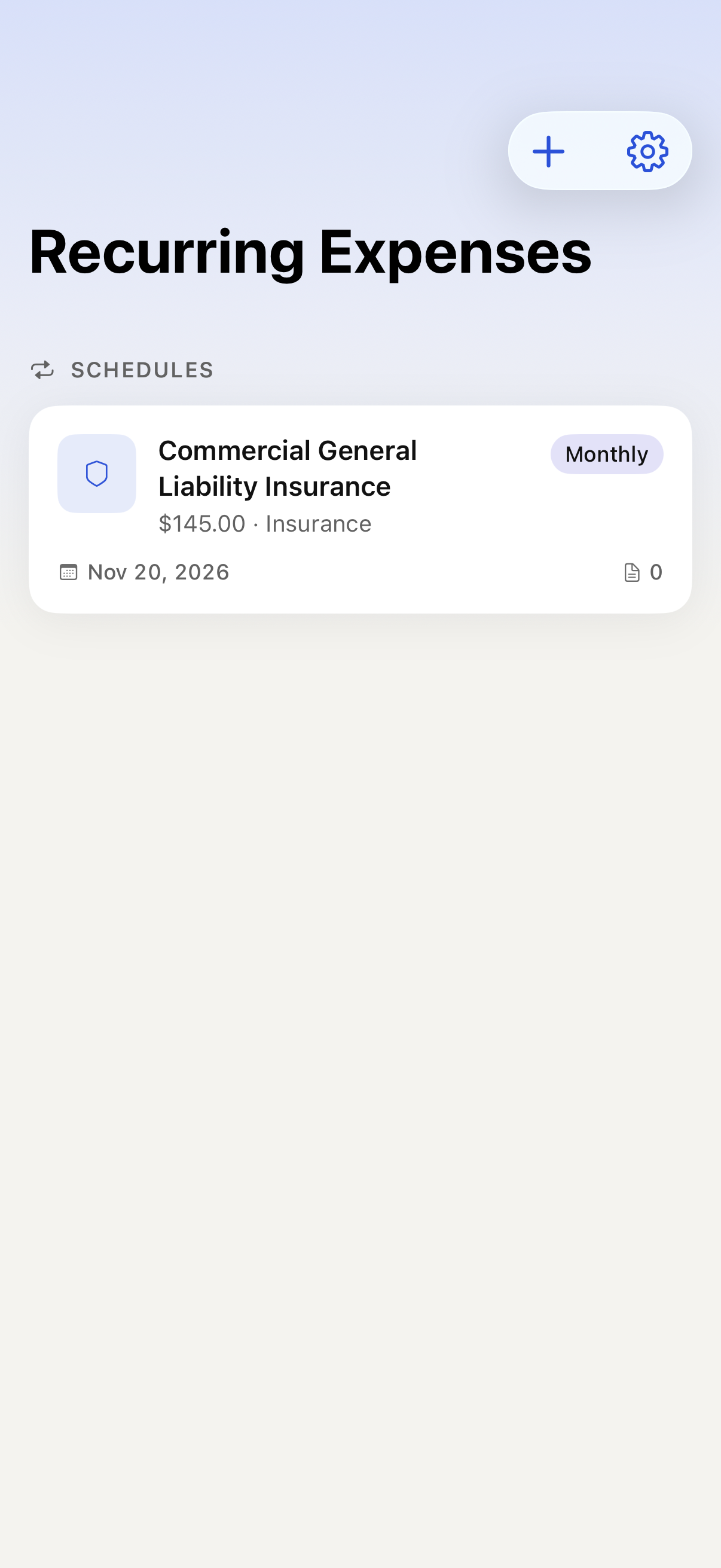 iPhone Recurring Expenses list with sample data