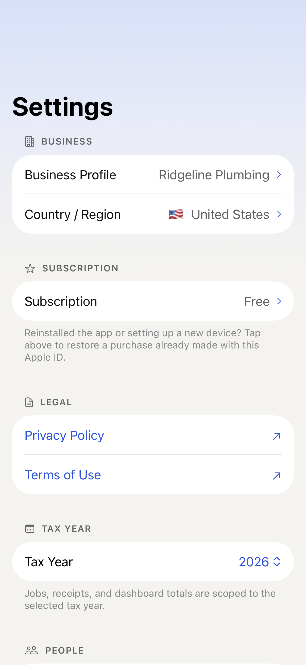 iPhone Settings and business options with sample data