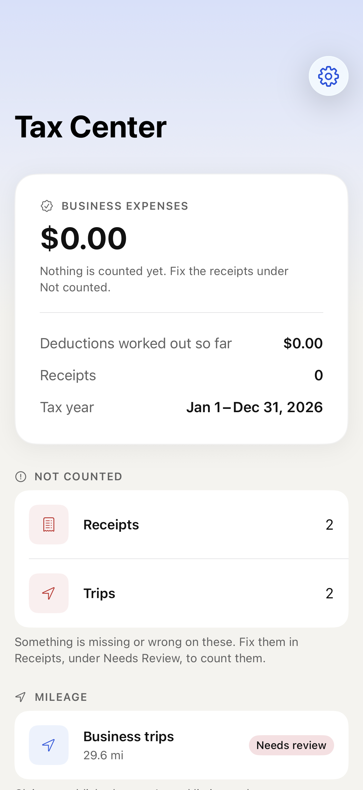 iPhone Tax Center and selected reporting year with sample data