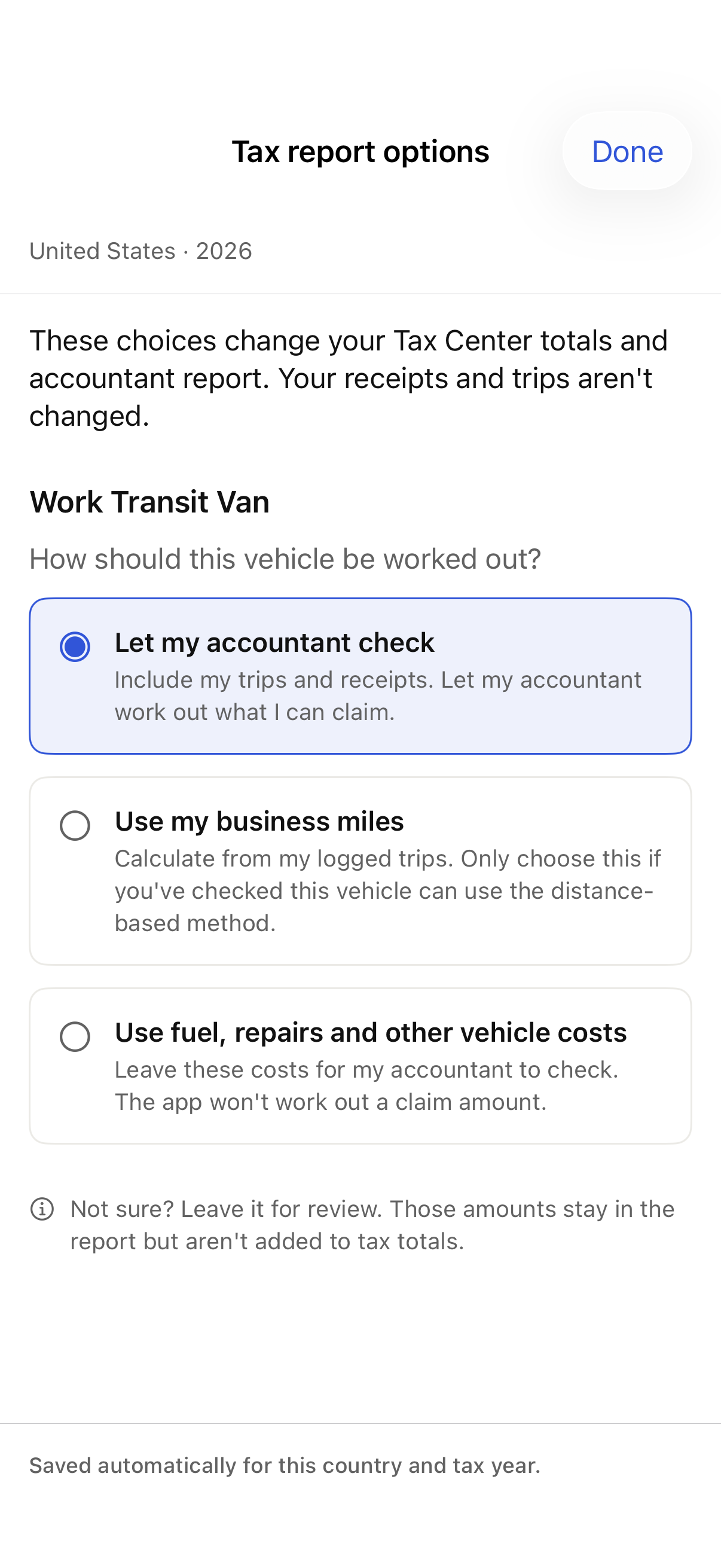 iPhone Tax report options with sample data
