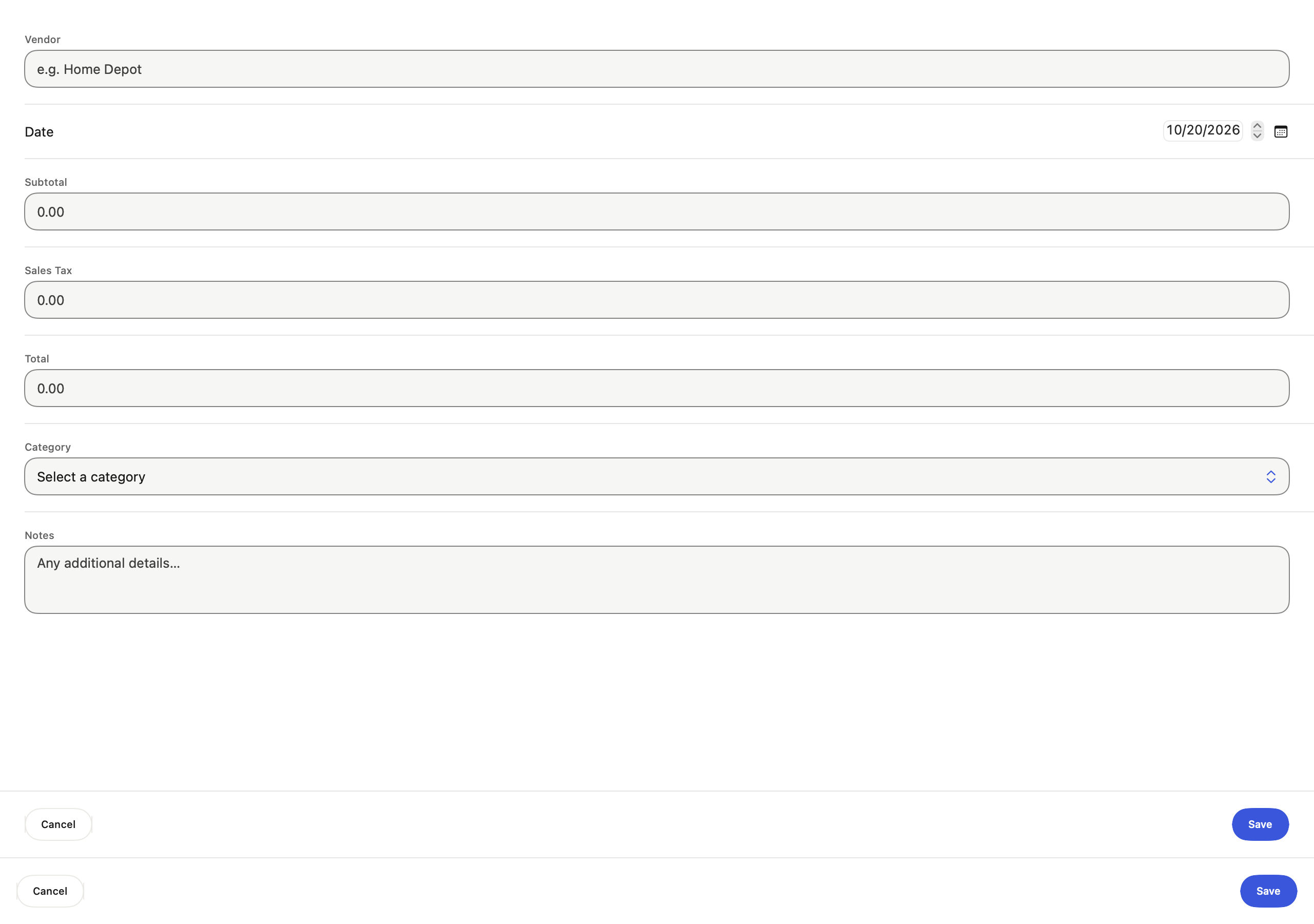 Mac Add Expense form with sample data