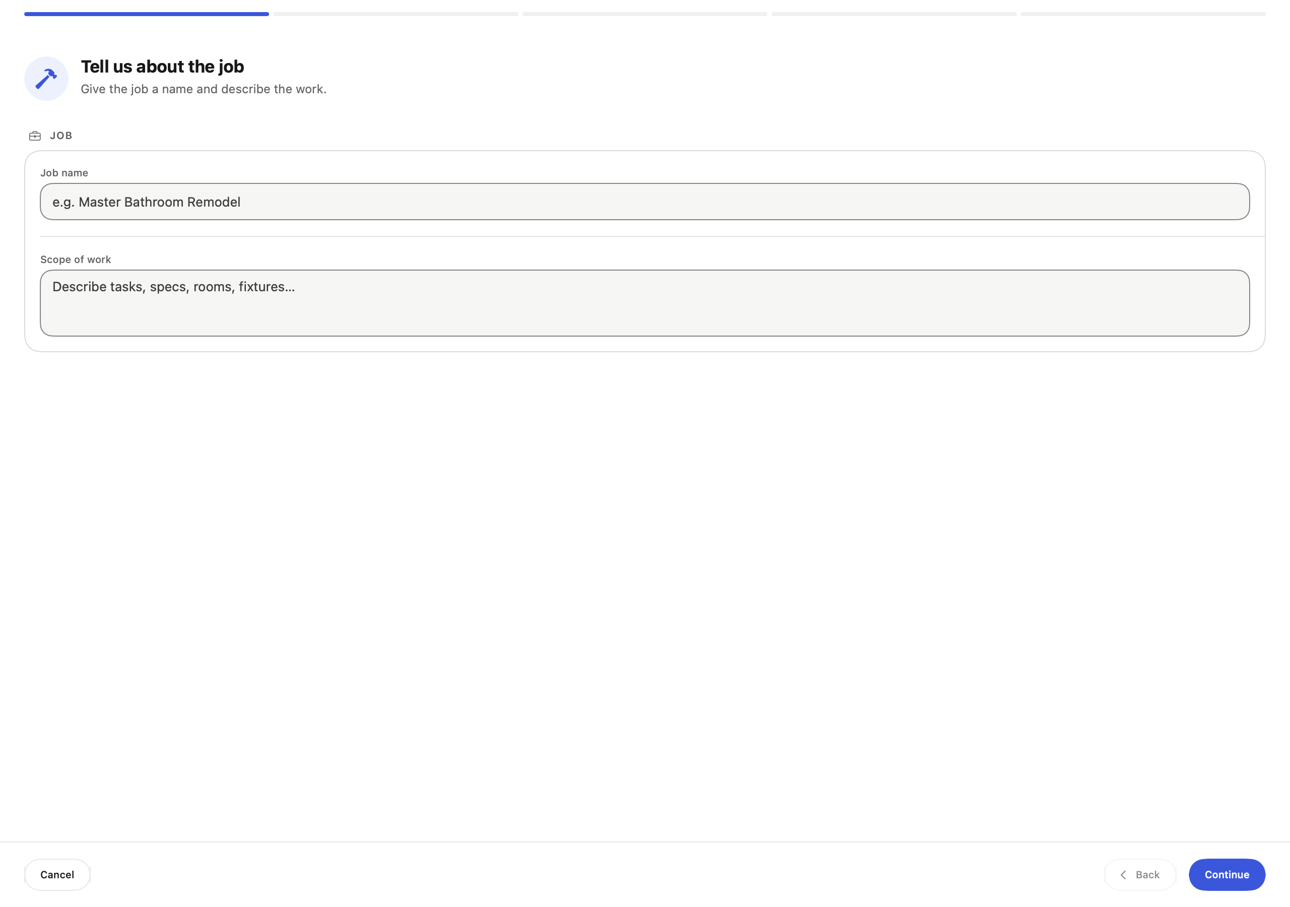Mac New Job guided form with sample data
