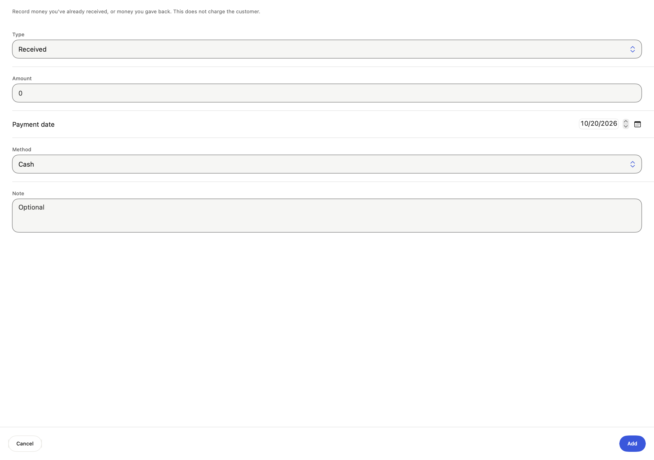 Mac Add Payment with Type, Amount, Payment date, Method and Note with sample data