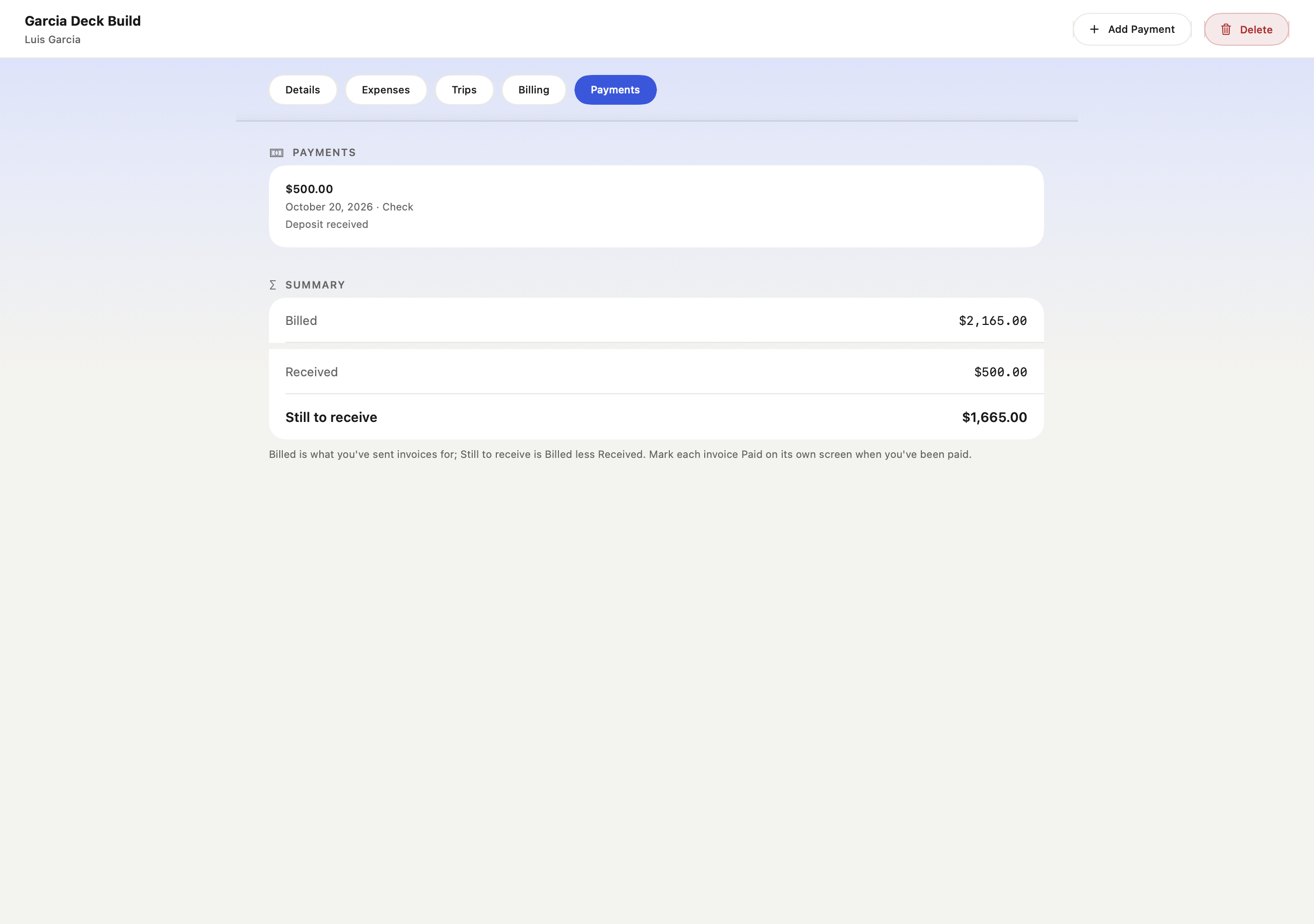 Mac job Payments with Billed, Received and Still to receive with sample data