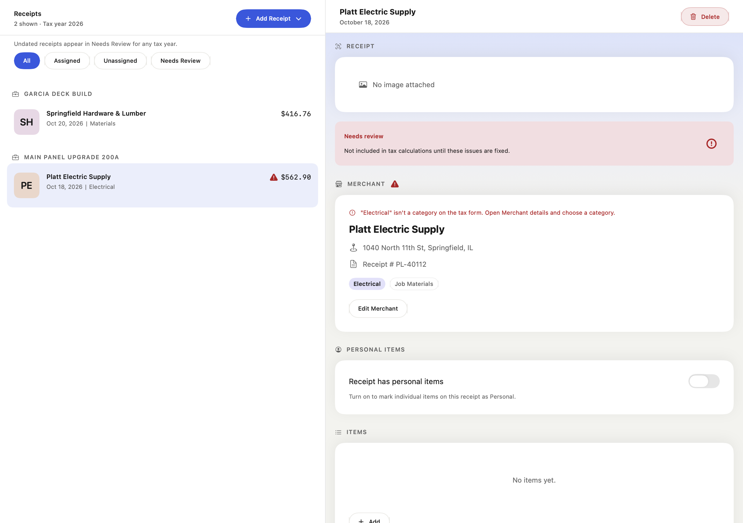 Mac Receipts list and review filters with sample data