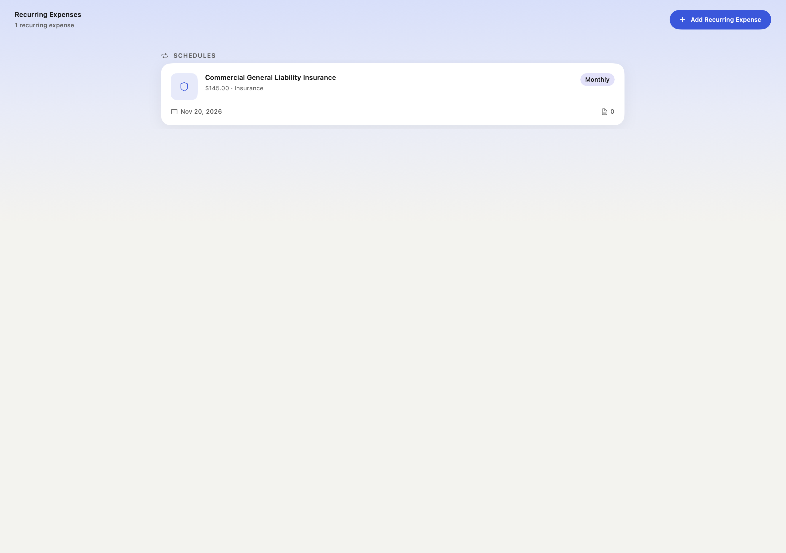 Mac Recurring Expenses list with sample data