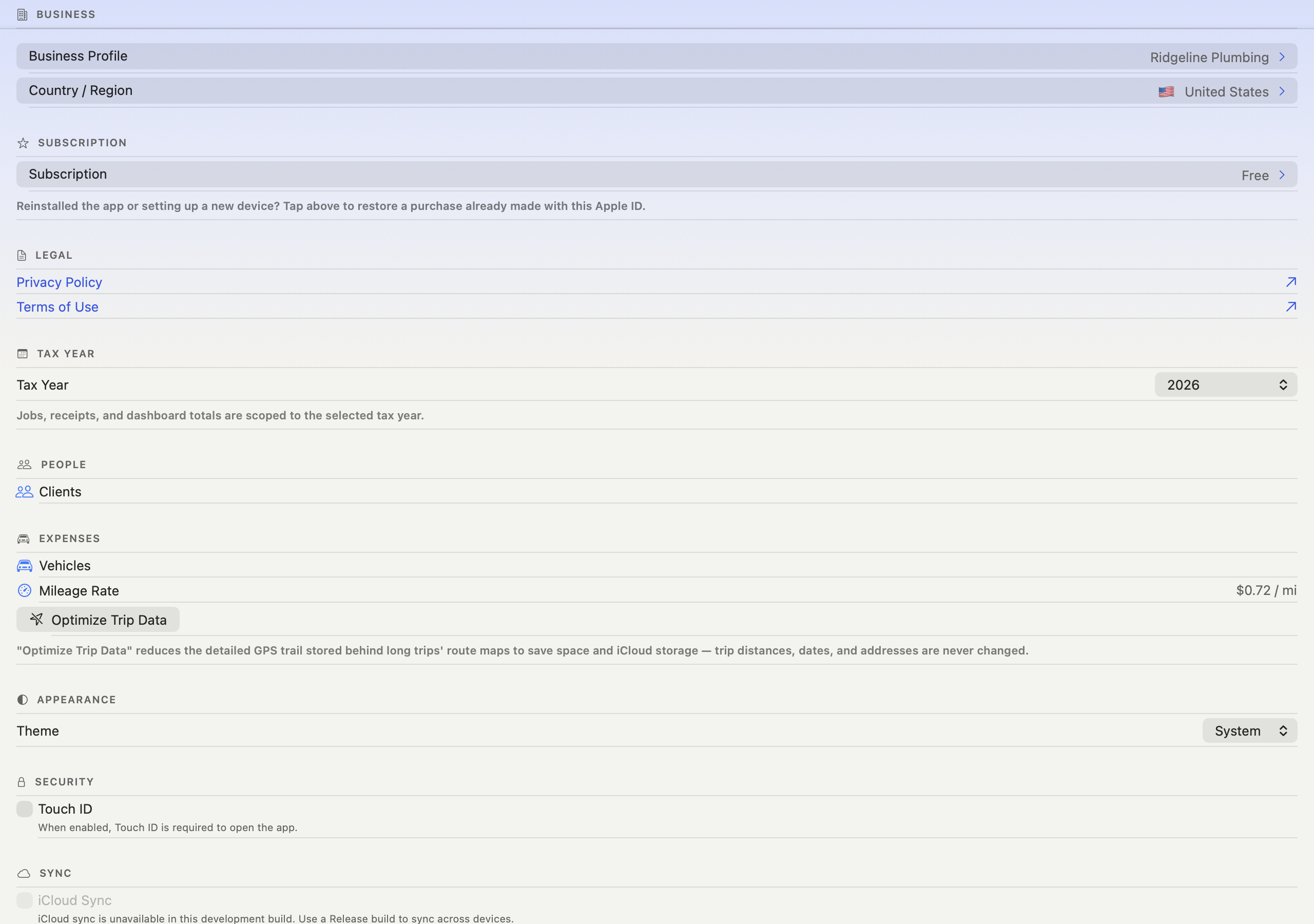 Mac Settings and business options with sample data