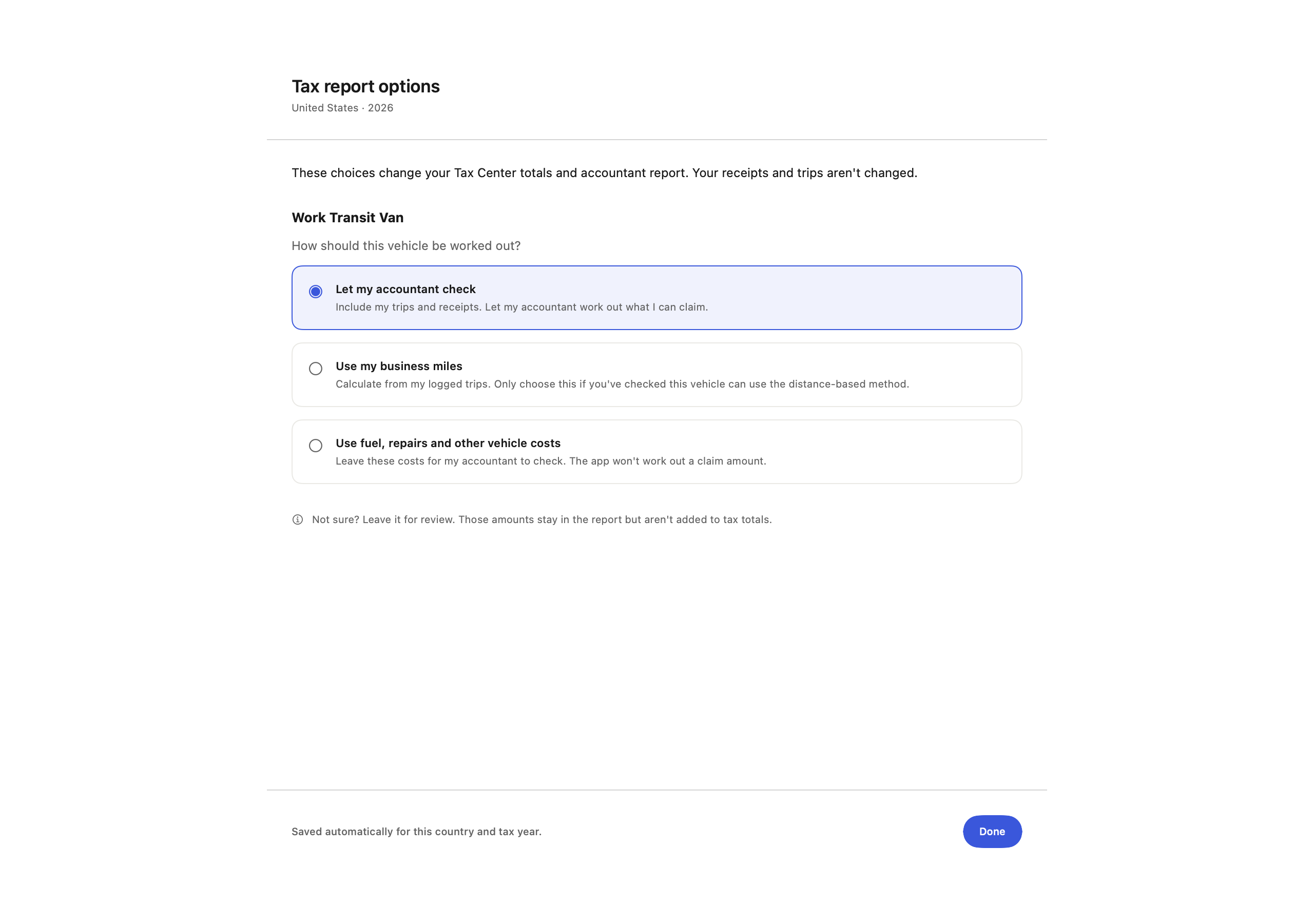 Mac Tax report options with sample data